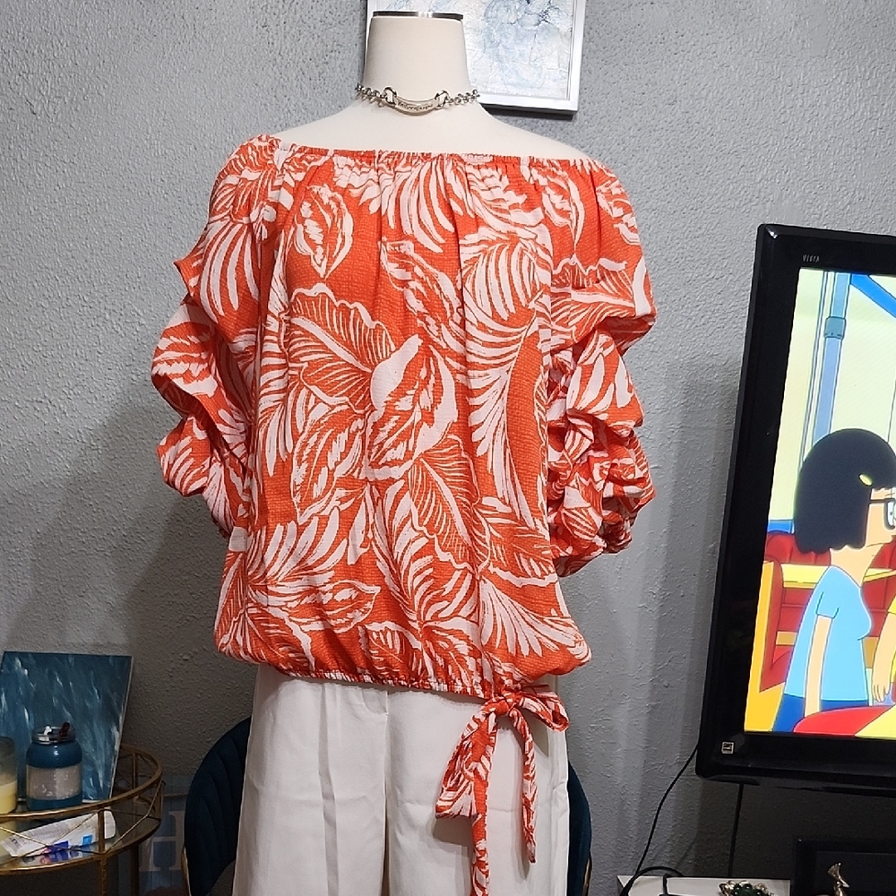CeCe Orange Leaf Print Blouse Euc Sz. XL